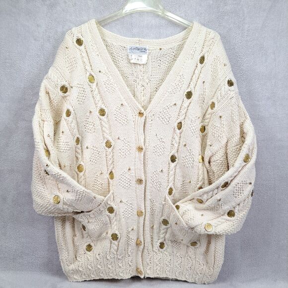 Vtg Hand Knitted England Cardigan Sweater Gold Coins...